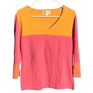 Cotton Country Womens Sweater Size Medium Pink Orange Colorblock Preppy Classic